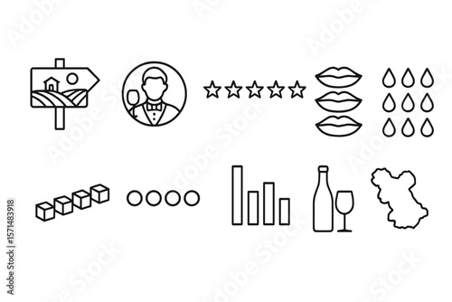 Wine tasting outline icon set. vineyard, wine glass, tasting event line icons collection