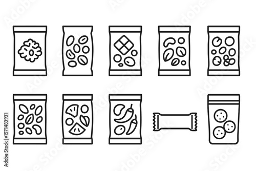 Snack packaging outline icon set. nuts, chips, cookie bags sleek outline collection