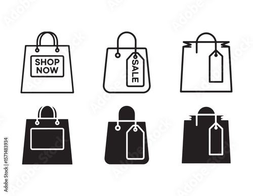 Collection of six shopping bag icons with sale and shop now labels isolated on white background