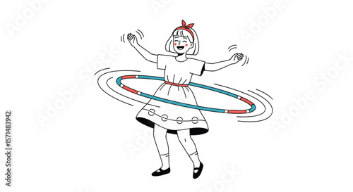 A happy young girl enjoys spinning a colorful hula hoop around her waist in a playful outdoor activity