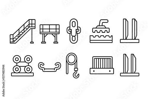 Industrial equipment outline icon set. machinery, construction tools outline collection