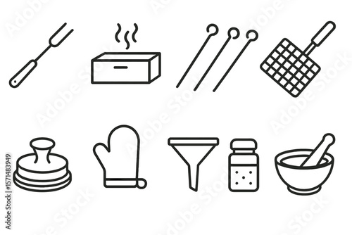 Barbecue utensil outline icon set. grilling, cooking tools linear collection