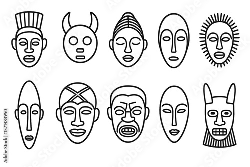 African masks line icon set. traditional tribal faces in simple outline style