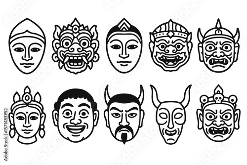 Cultural masks line icon set. traditional, ethnic, festival icons line collection