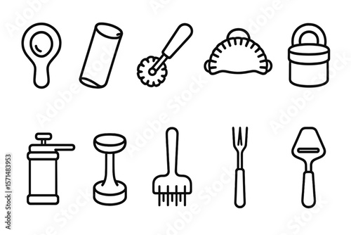 Kitchen utensils line icon set. essential, cooking tools, culinary, outline collection