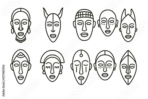 Cultural mask outline icon set. tribal, face, art icons line collection