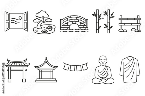 Japanese culture outline icon set. zen garden, temple, kimono icons in outline style