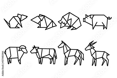 Animal origami icon set. origami, geometric, outline, wildlife, abstract collection