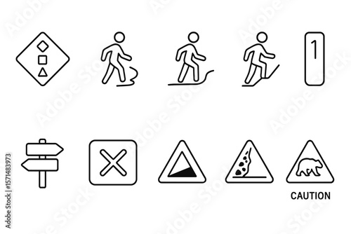 Hiking, outdoor safety line icon set for navigation and trail warnings essentials