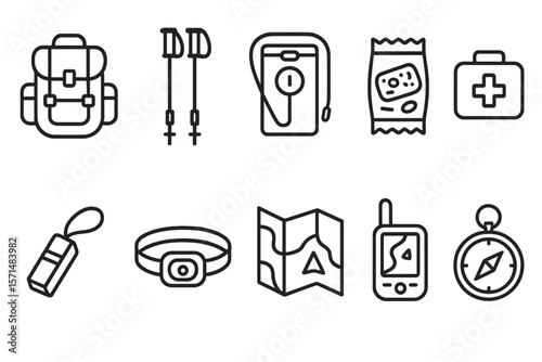 Camping gear line icon set. essential outdoor equipment outline icons collection