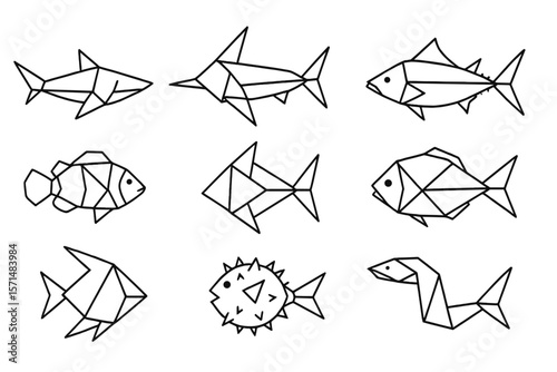 Animal, sea creature outline icon set. origami-inspired fish and marine life collection