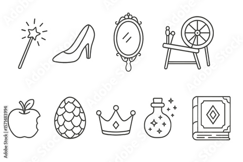 Fairy tale magic linear icon set. enchanted objects and fantasy icons collection
