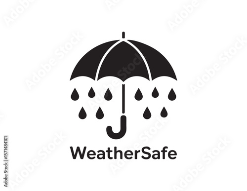 Black umbrella protecting from rain drops with weathersafe text isolated on white background