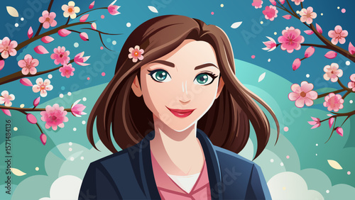 Her eyes sparkle subtly, lips curved in a quiet smile. The black cardigan hugs her shoulders, while pink and white blossoms behind her whisper softness into the peaceful studio composition.