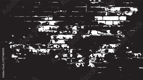 A black and white image of a weathered brick wall with visible signs of damage and deterioration