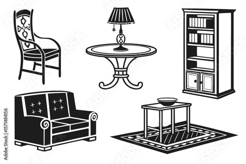A collection of furniture icons isolated on white background