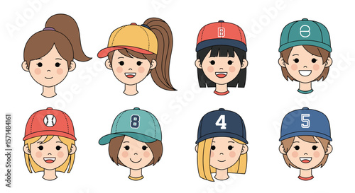 Collection of diverse children wearing colorful baseball caps with unique designs and numbers showing joyful expressions