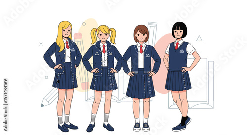 Diverse group of four young schoolgirls wearing uniforms with blazers and skirts standing confidently together with friendly expressions