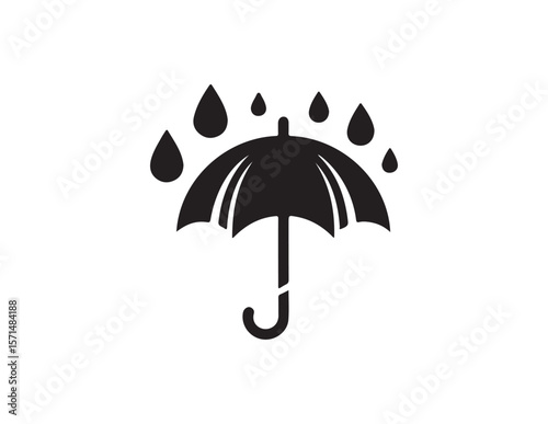 Black silhouette of an umbrella with rain drops isolated on white background