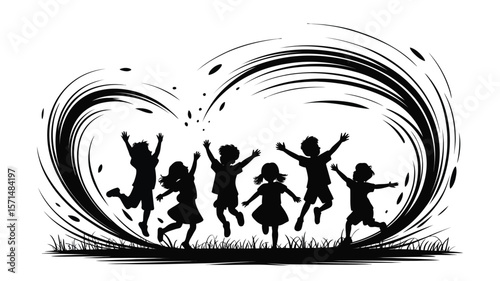 Silhouette of joyful children jumping and playing outdoors surrounded by a heart shaped swirl design shows happy childhood