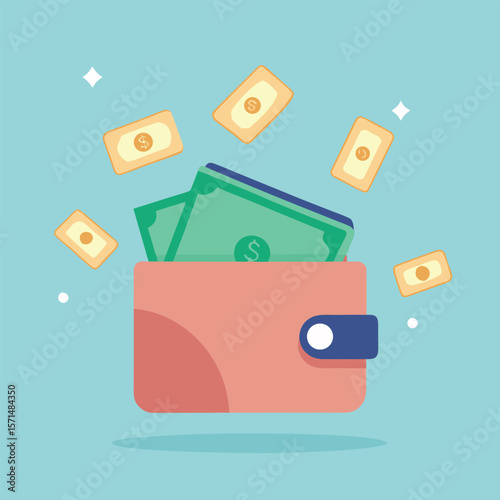 Wallet filled with money and banknotes floating in the air on a teal background