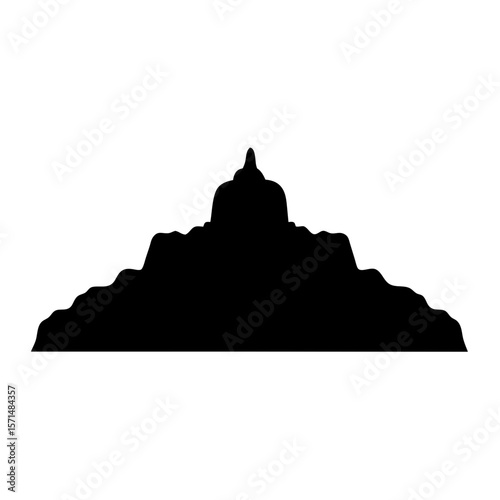 Black silhouette of Borobudur temple in Magelang Regency, Indonesia, against white background
