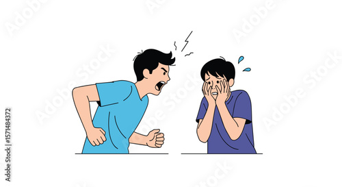 Aggressive man shouting at a scared young boy in distress showing an unfair confrontation with emotional impact