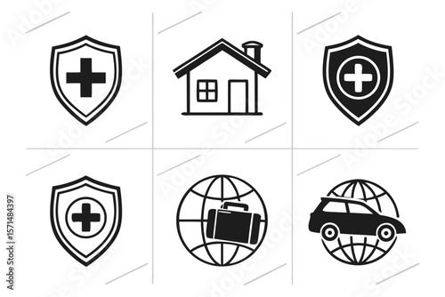 Black and white icons for insurance, travel, and medical protection