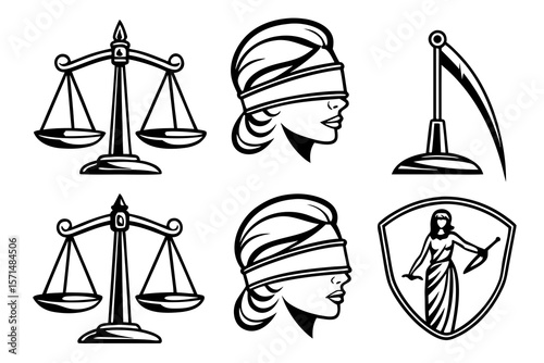 Six justice and law icons isolated on white background