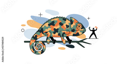 Illustrative depiction of a large chameleon blending with its surroundings perched on a branch with a small person observing from a distance showcasing adaptation and nature's artistry