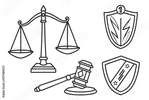 Four justice and law icons isolated on white background