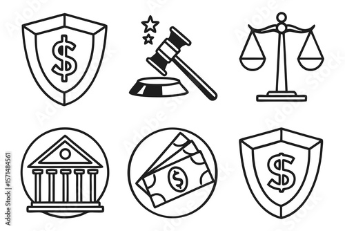 Six financial and legal icons isolated on white background