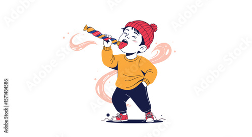 Young boy wearing a red hat and yellow shirt plays a festive party horn