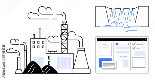 Factory with emissions, hydroelectric dam, and online data dashboard connected to energy, environment, industry, pollution, technology, clean energy, and analytics a simple flat metaphor
