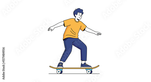 Energetic young man enjoying a thrilling ride on his skateboard in a dynamic pose showing skill and balance on the board