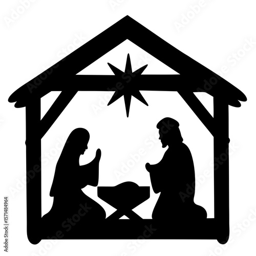Nativity Scene Silhouette with Holy Family in a Stable under a Star