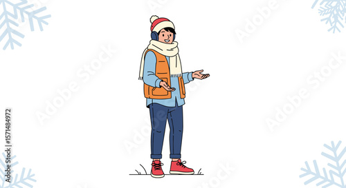 Young person dressed warmly for cold weather stands outside on a winter day extending their hand