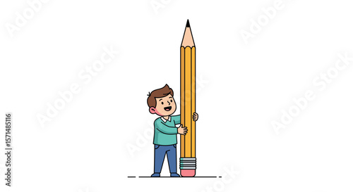 A small boy joyfully hugs a very large sharpened yellow pencil with a pink eraser on a white background