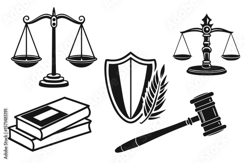 Symbols of law and justice isolated on white background