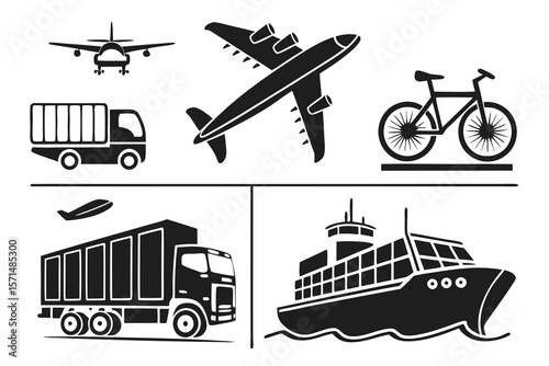 Black and white icons of various modes of transportation