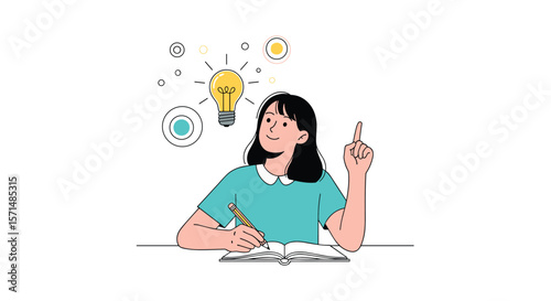 Young woman brainstorms ideas at desk with light bulb symbolizing inspiration and creativity for learning and problem solving