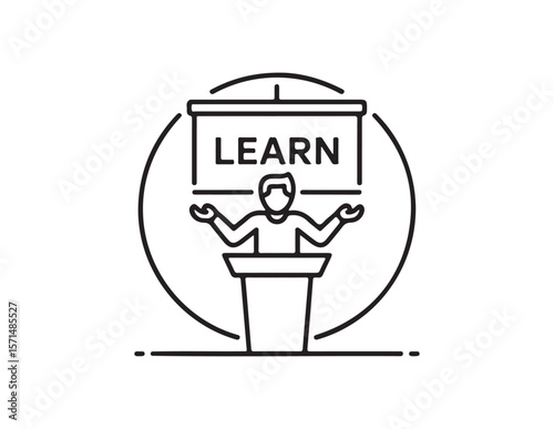 Person presenting the word learn on a screen isolated on white background