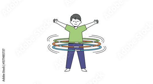 Child enjoys spinning a hula hoop around their waist performing a fun exercise routine