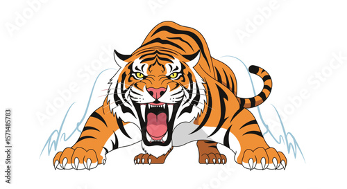 Majestic tiger roaring fiercely amidst icy peaks a powerful apex predator displaying its strength and fierce nature in a wild natural habitat