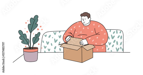 Plus-size man unboxing a package while seated on a couch in a cozy illustration