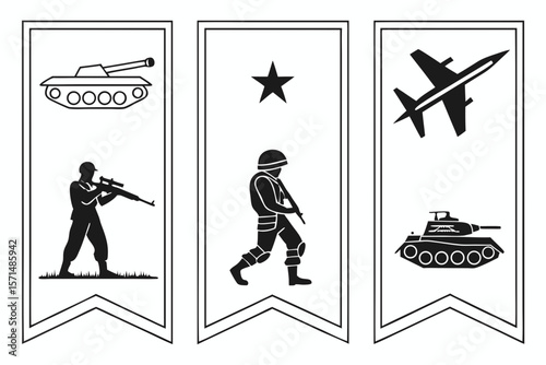 Three military banners featuring tanks, soldiers, and an airplane