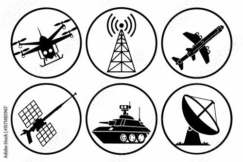 Six icons representing military technology and communication systems