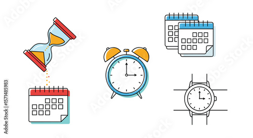 Visual representation of time management concepts with calendars and timekeeping devices