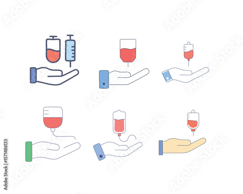 Medical infusion bags and syringes held by hands blood