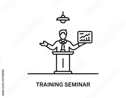 Man presenting a financial graph at a podium during a training seminar isolated on white background